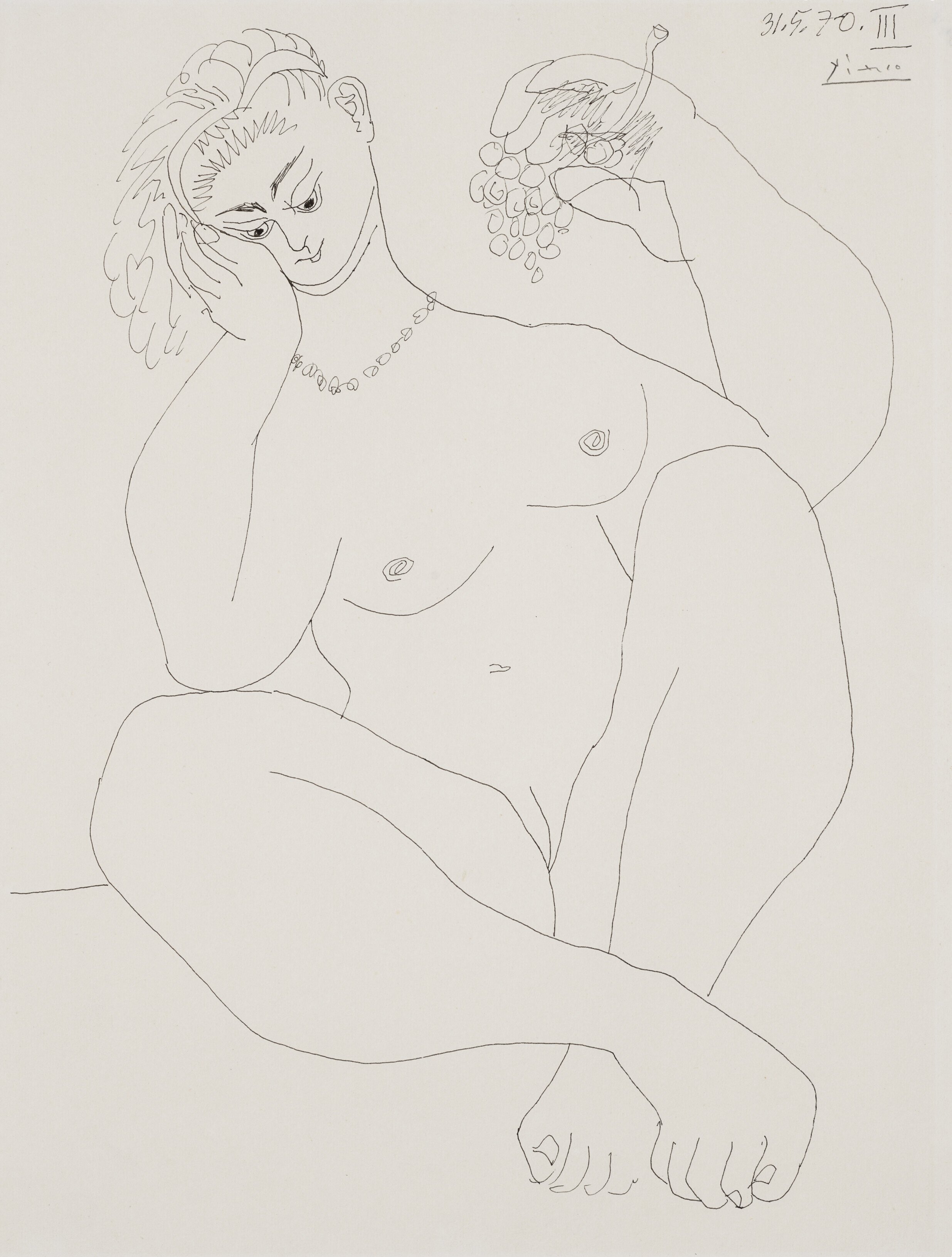 Pablo Picasso, Nu à la grappe de raisin III, 1970 pen and ink on paper, 12 ⅛ x 9 ⅛ inches, $325,000