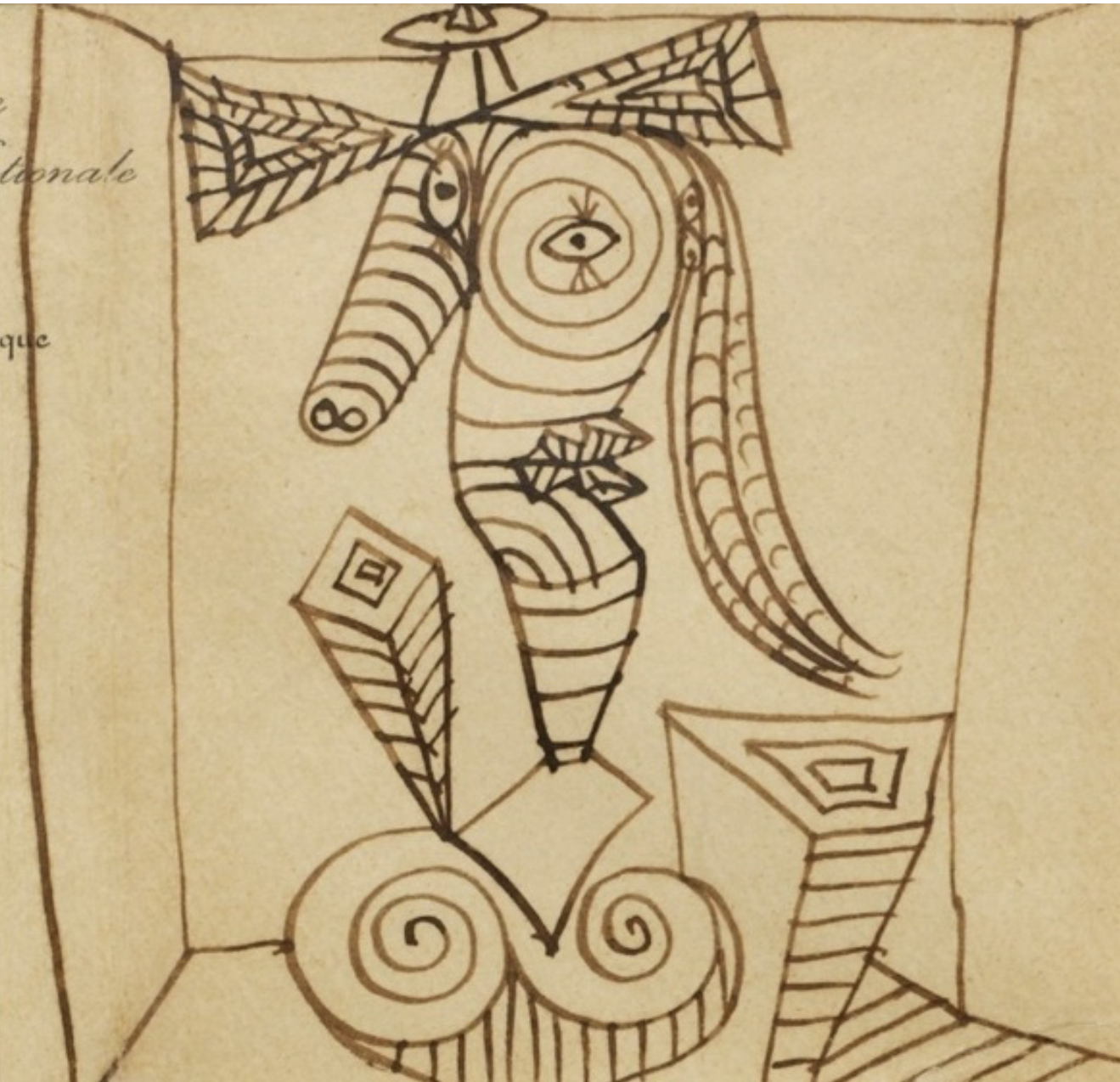 Pablo Picasso, Buste de femme au chapeau, circa 1938, Pen and ink on paper, 4 5/8 x 6 7/8 inches (overall – envelope), 4 1/2 x 4 3/4 inches (just the image), 110,000€ (approx. $126,000)