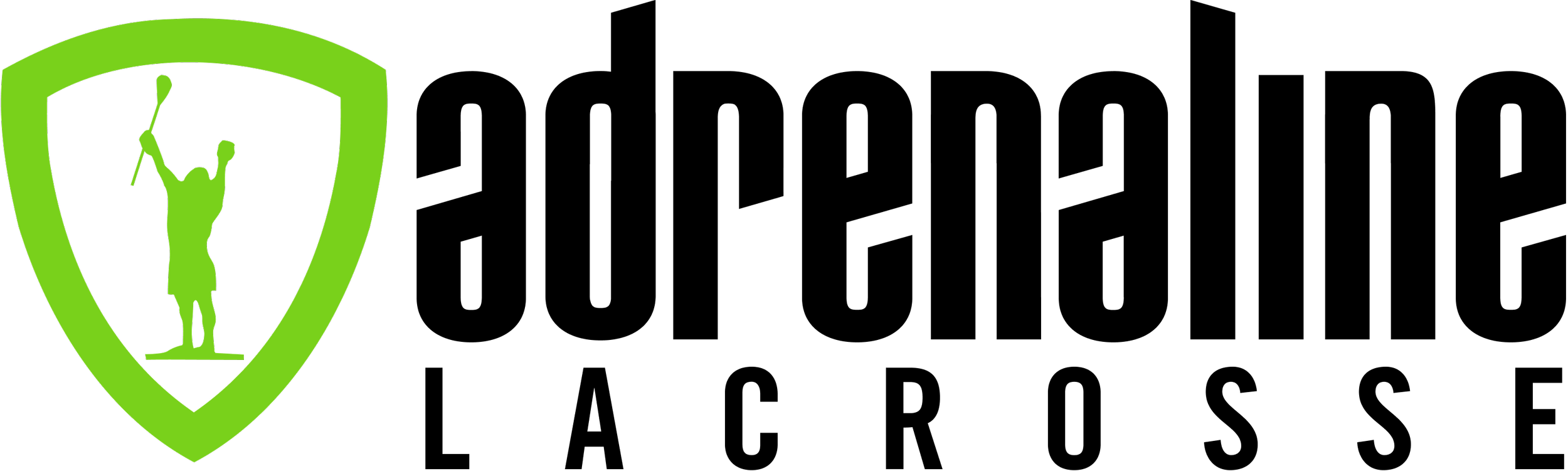 Adrenaline Lacrose logo depicting a player holding a lacrosse stick up inside a green shield graphic