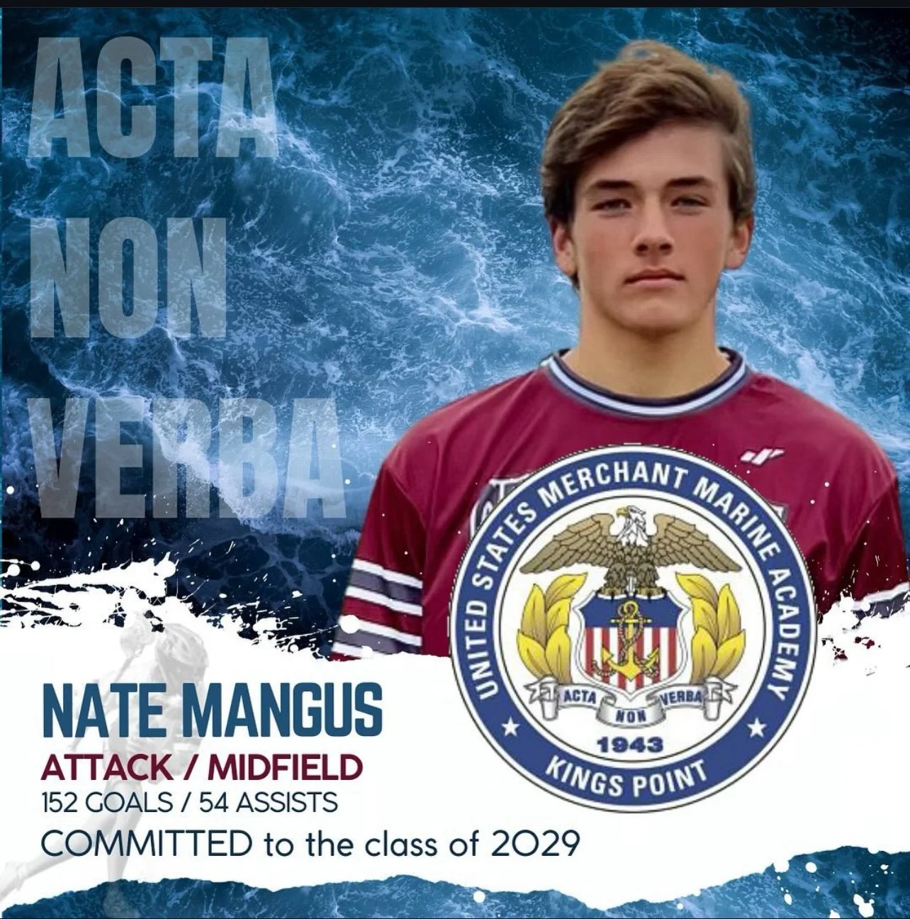 Poster featuring actor Nate Mangus with a background of ocean waves, wearing a maroon sports jersey, and the United States Merchant Marine Academy emblem. Text highlights his role as an attack midfielder, with 152 goals and 54 assists, committed to the class of 2029.