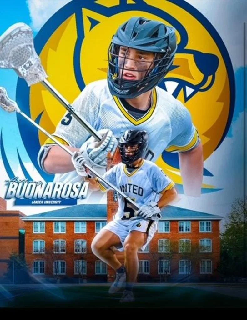 A digital collage of a hockey player in full gear with a large lion logo in the background, a smaller hockey player in front, a brick building below, and the words "Buona Rossa" and "Laker University".