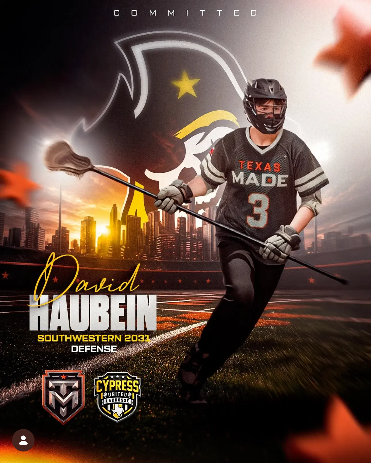 Texas Made lacrosse player David Haubein commitment graphic for Southwestern University, class of 2031 defense.