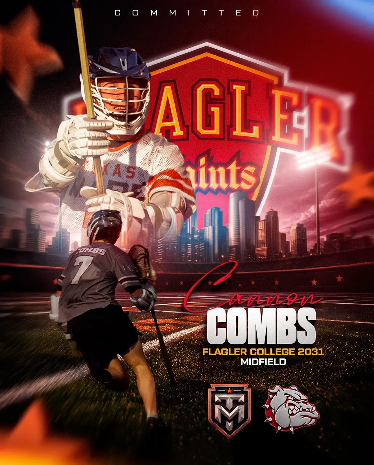 Texas Made lacrosse player Cannon Combs commitment graphic for Flagler College, class of 2031 midfielder.