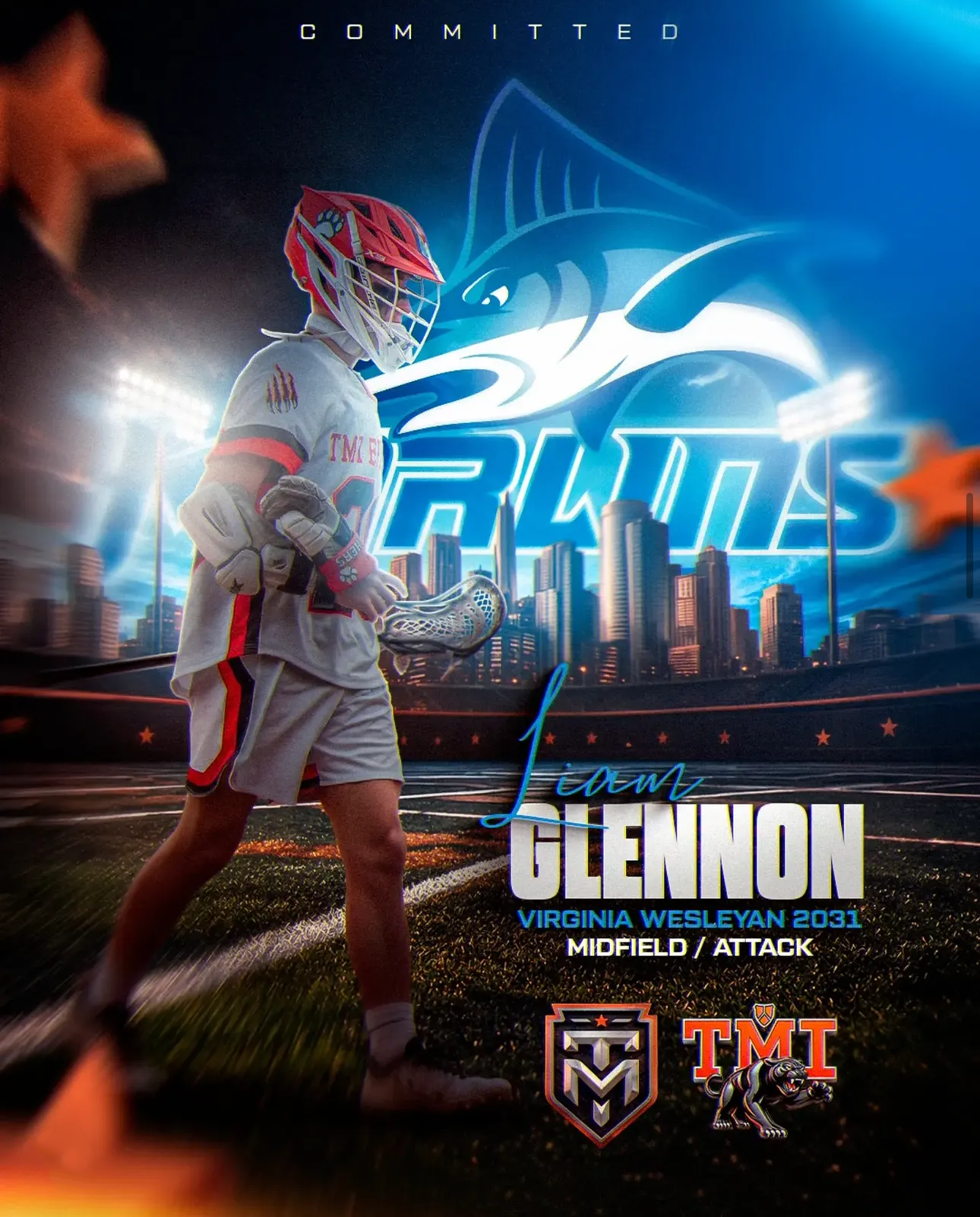Texas Made lacrosse player Liam Glennon commitment graphic for Virginia Wesleyan University, class of 2031 midfield and attack.