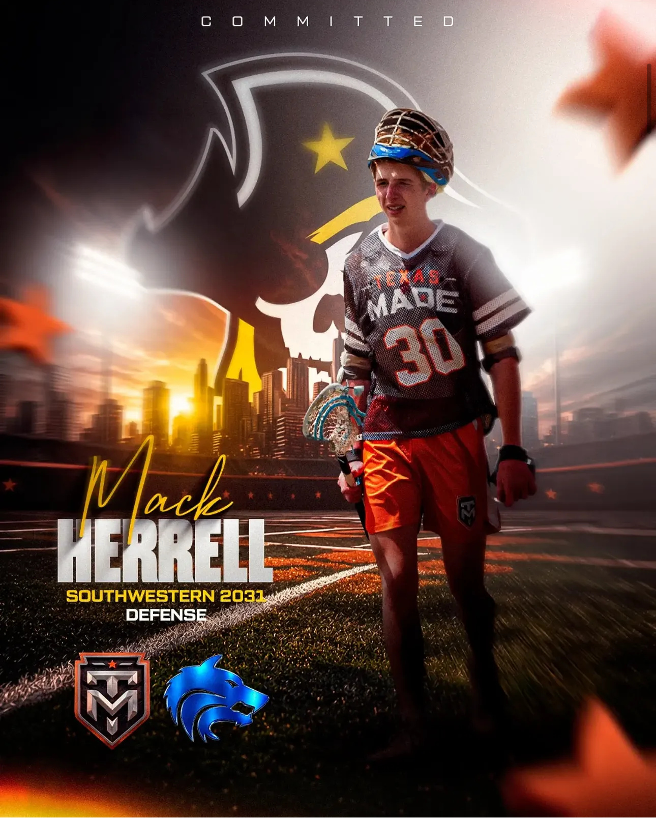 Texas Made lacrosse player Mack Herrell commitment graphic for Southwestern University, class of 2031 defense.