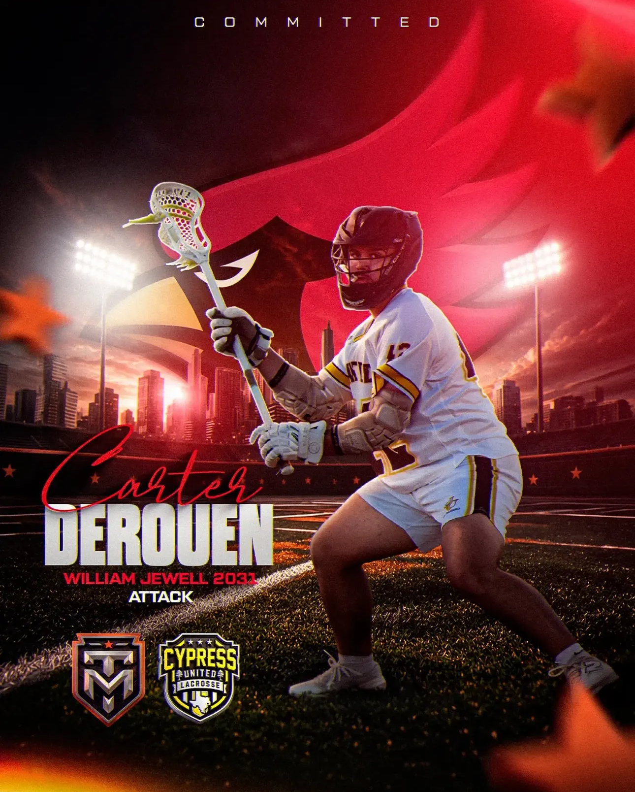 Texas Made lacrosse player Carter DeRouen commitment graphic for William Jewell College, class of 2031 attack.