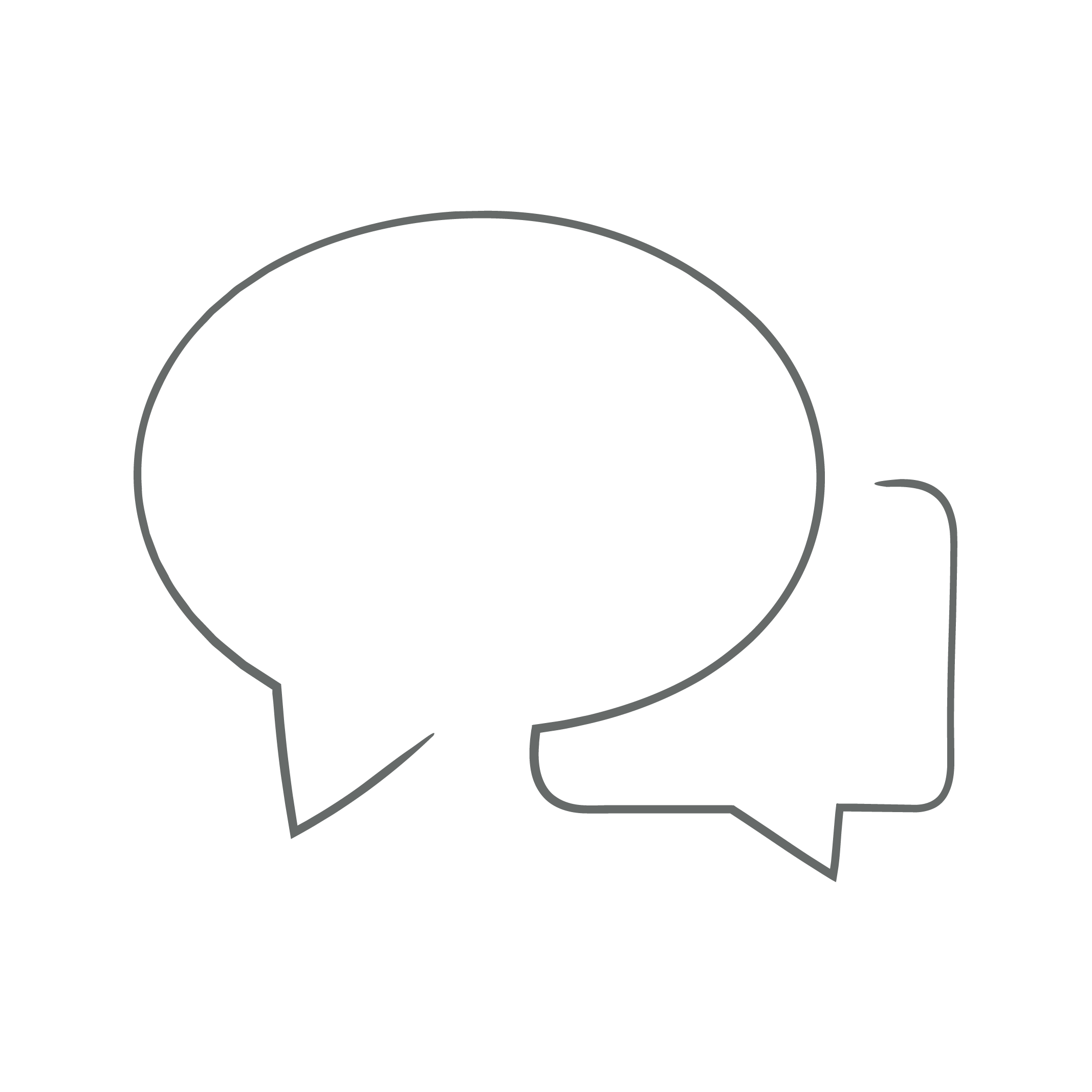 Two speech bubbles, one large and one small, outlined in gray on a black background representing talk therapy.