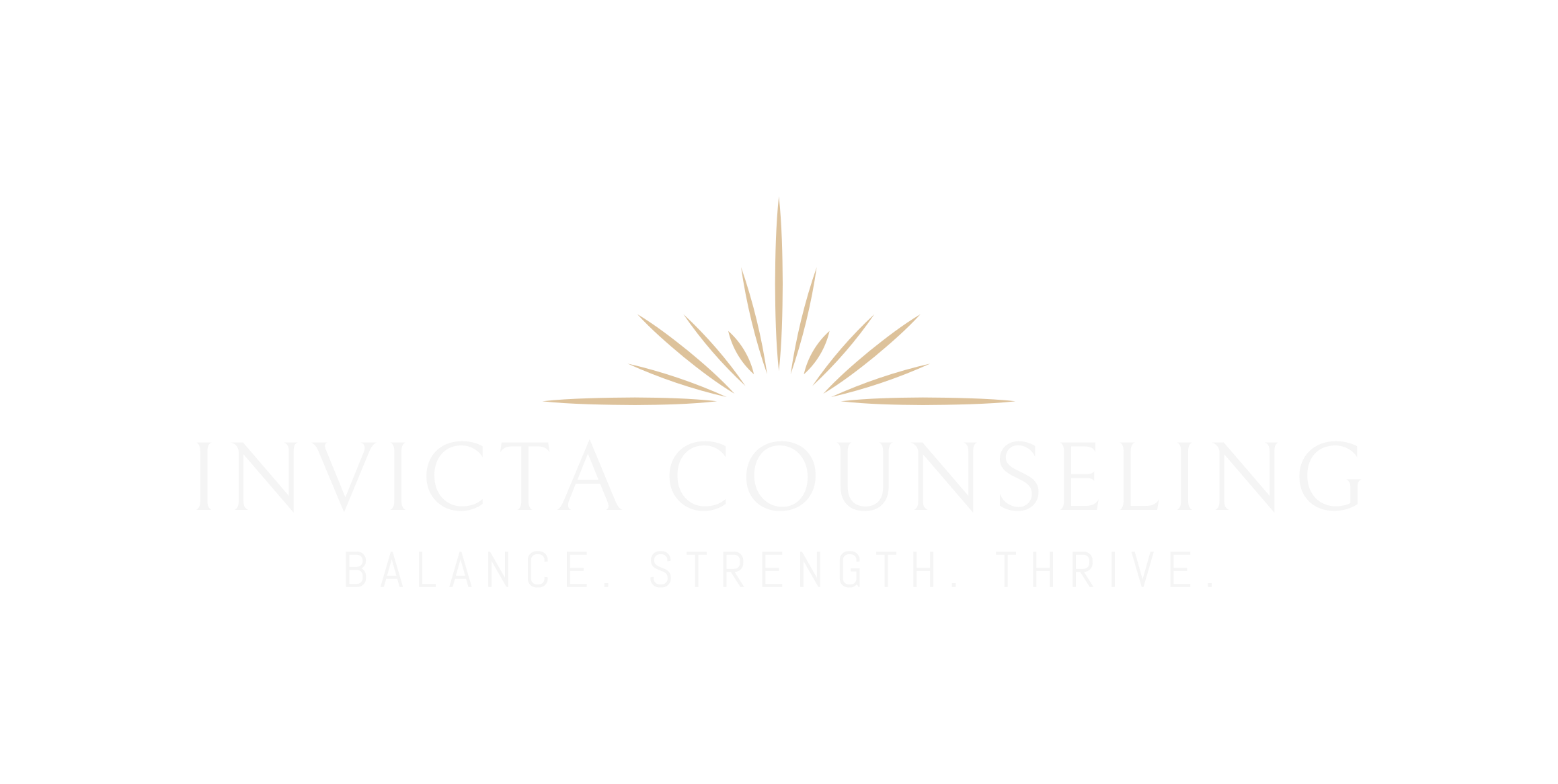 Black background with a gold starburst graphic above the words "INVESTA COUNSELING" in white font. Below that, the tagline "BALANCE. STRENGTH. THRIVE." in smaller white font.