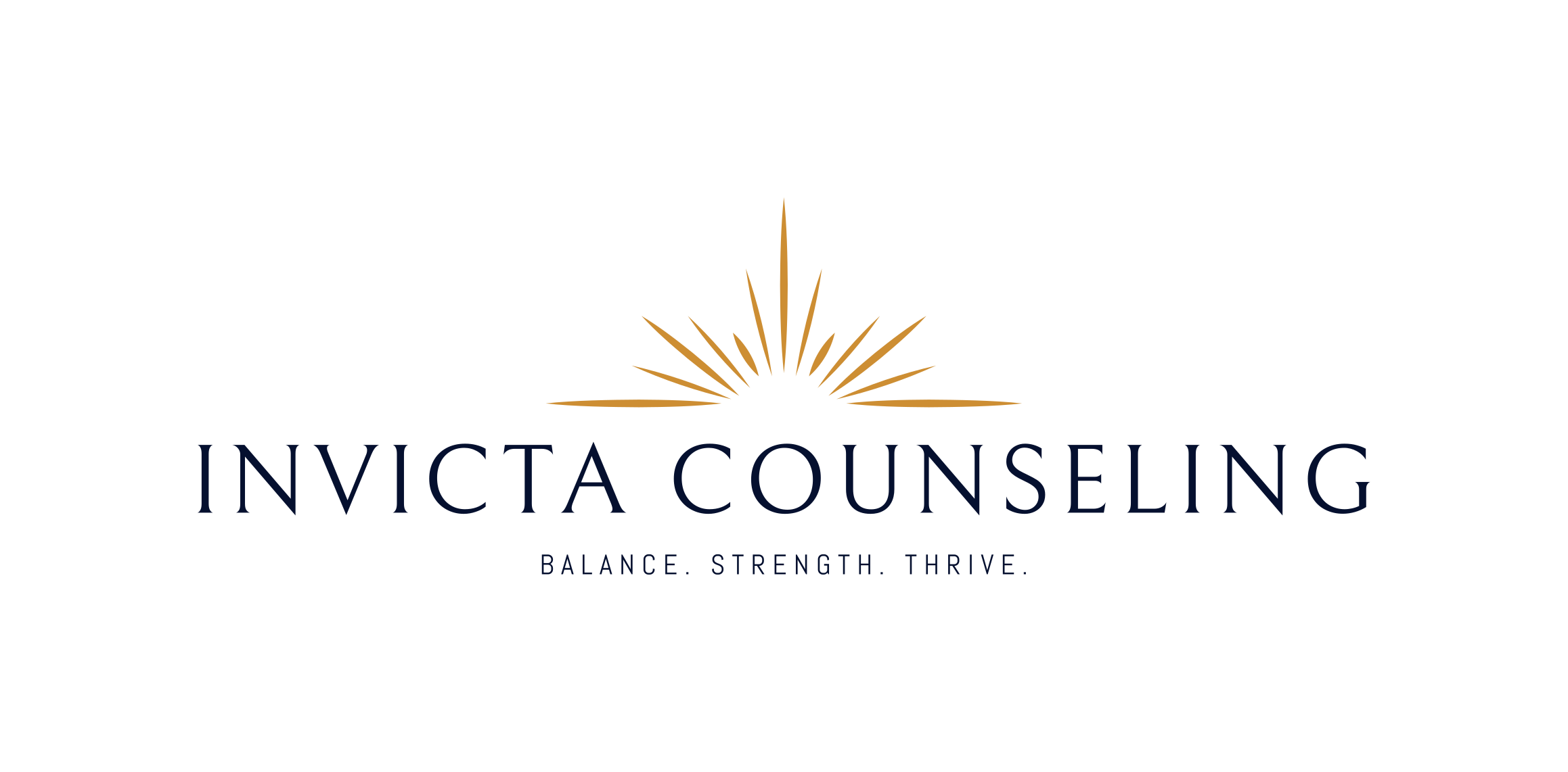 Logo for Invicta Counseling featuring a golden sunburst with the text 'INVICTA COUNSELING' and the tagline 'BALANCE. STRENGTH. THRIVE.'