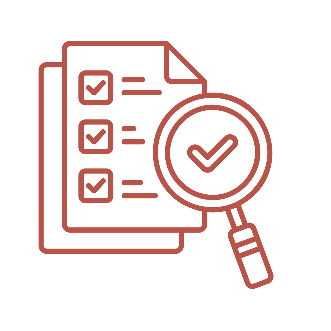 Outline icon of checklist papers with checkmarks and a magnifying glass highlighting a checkmark.