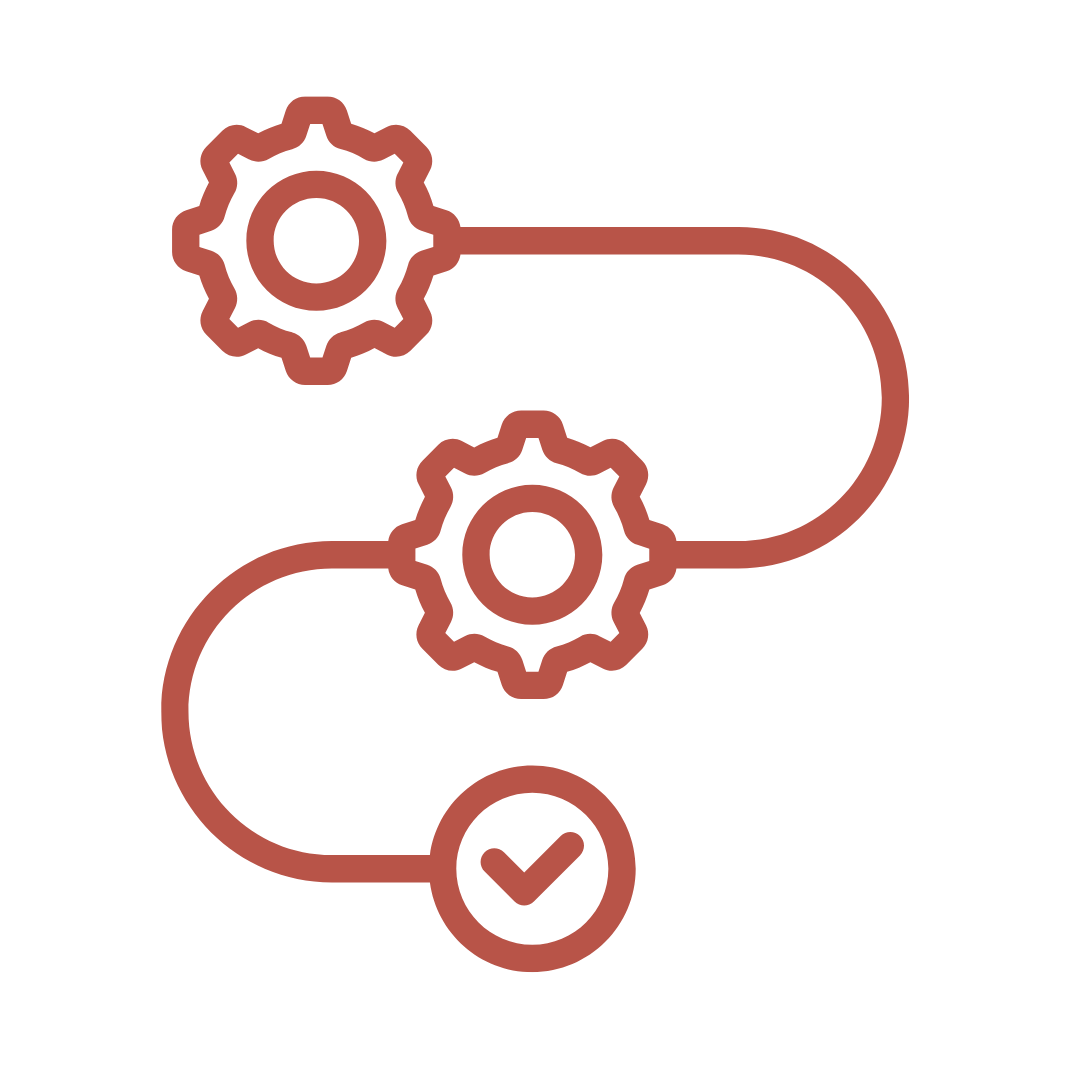 Line art illustration of two cogs connected by a curved arrow, with a checkmark in a circle at the bottom.