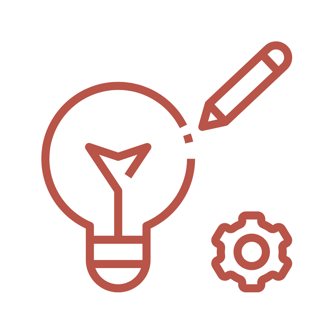 Icon of a light bulb with a pencil drawing a line inside, and a gear beside it