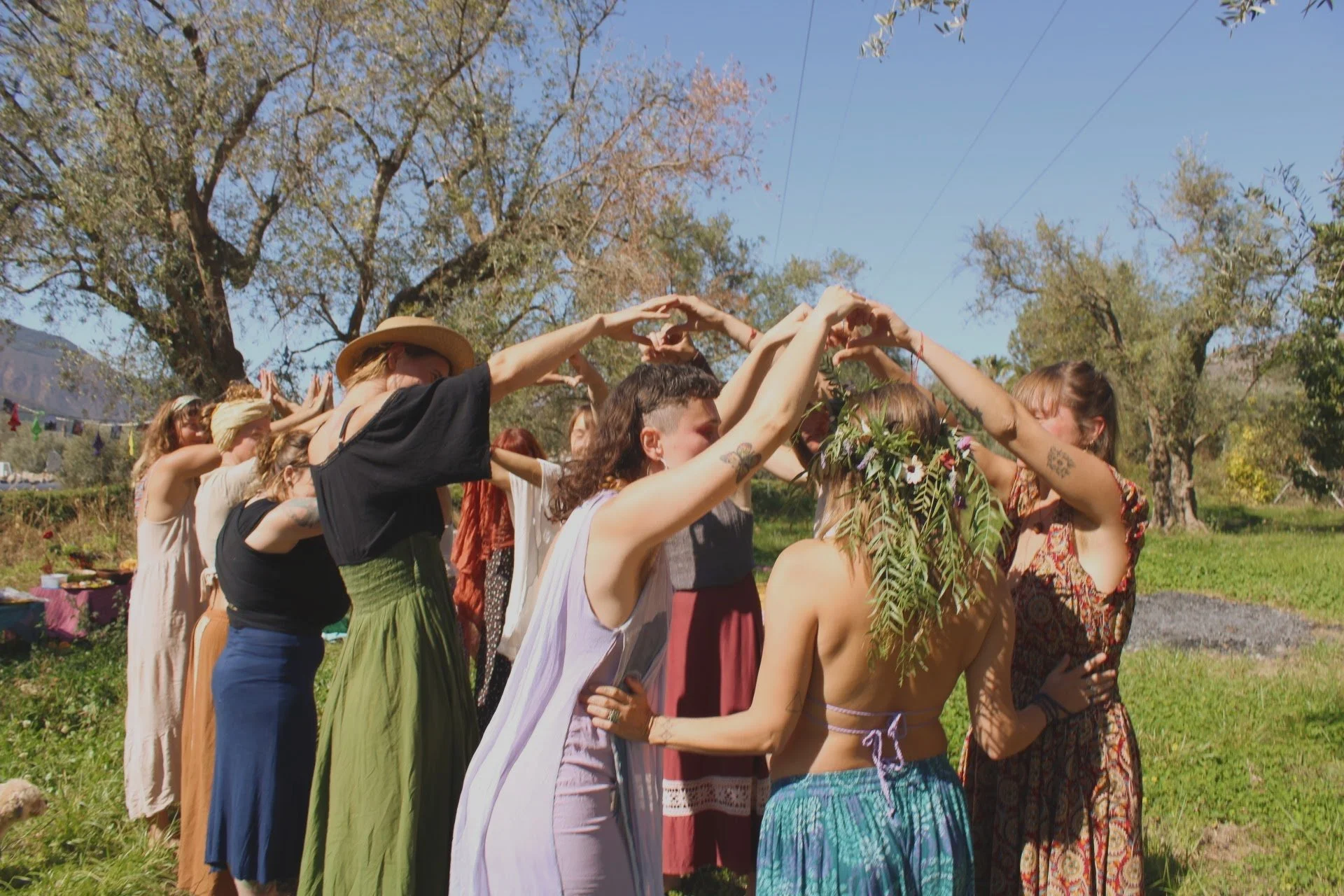 Group of people standing outdoors in a circle, holding hands above their heads. Some are wearing bohemian-style clothing, and one person has a leafy or floral headpiece. The scene is set on a sunny day with trees in the background.