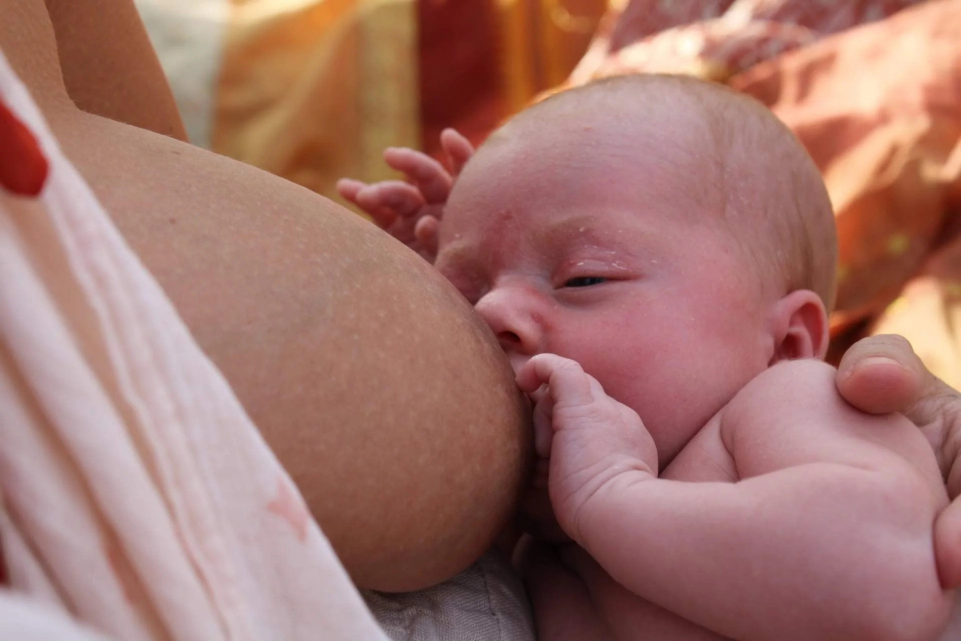 A newborn baby breastfeeding from mother in a close-up shot
