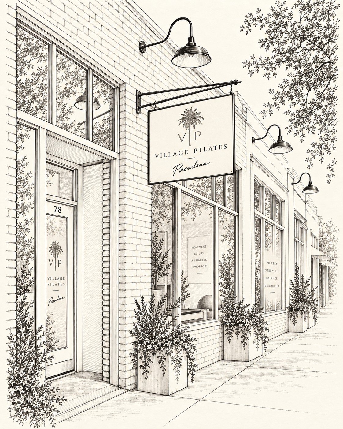 Sketch of the Village Pilates studio on Lincoln Avenue in Pasadena