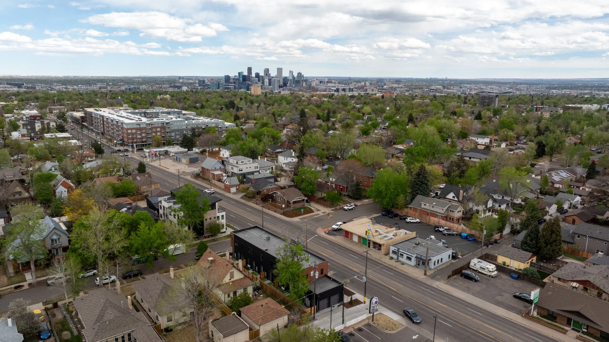 Aerial view of Berkeley Residences 6-unit development at 3825 W 38th Ave Denver, showing building footprint and street-level positioning