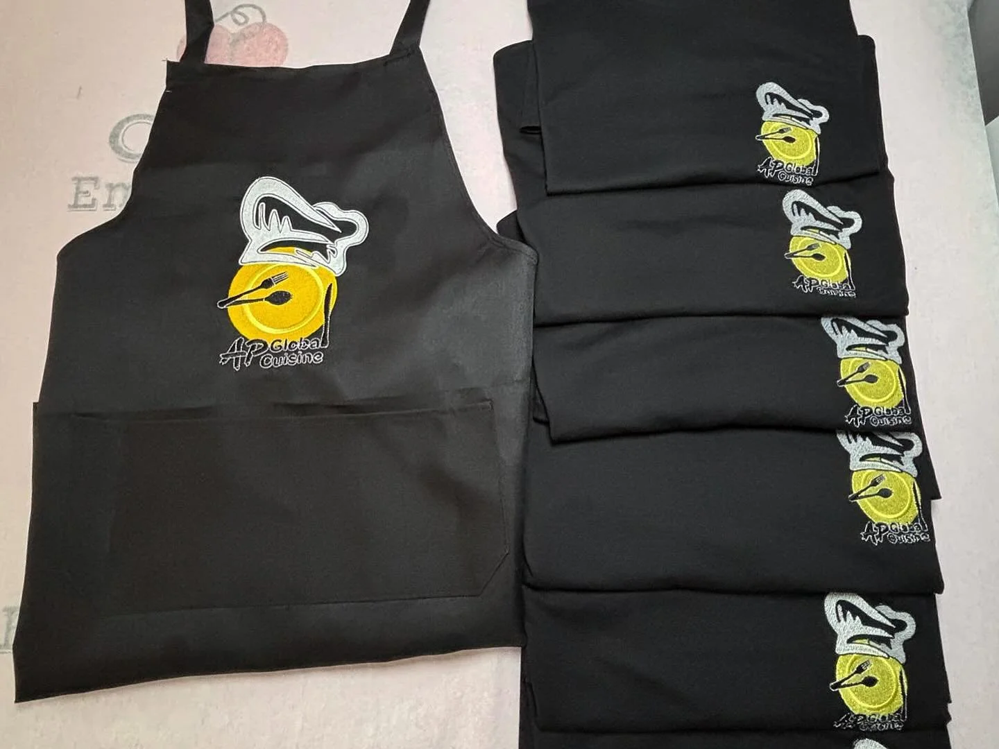 Aprons and T-shirts done for AP Global Cuisine 🧑&zwj;🍳👩&zwj;🍳 

Dm for enquiry&rsquo;s