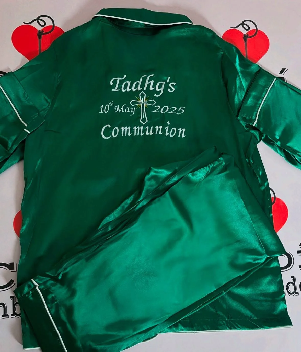 Communion/confirmation pyjamas available in any colour 💚

Dm to order