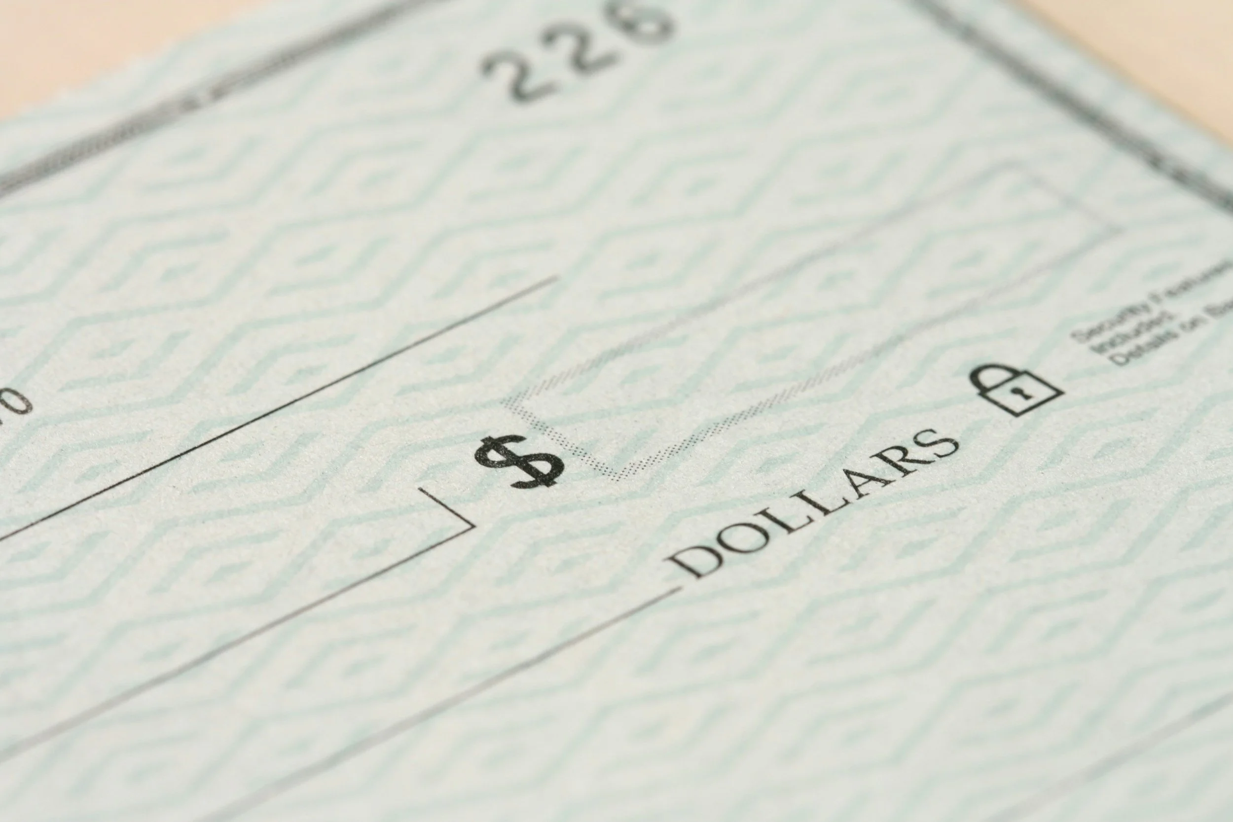 Close-up of a check with the words 'DOLLARS' and a dollar sign, pattern background, and a check box for the amount.