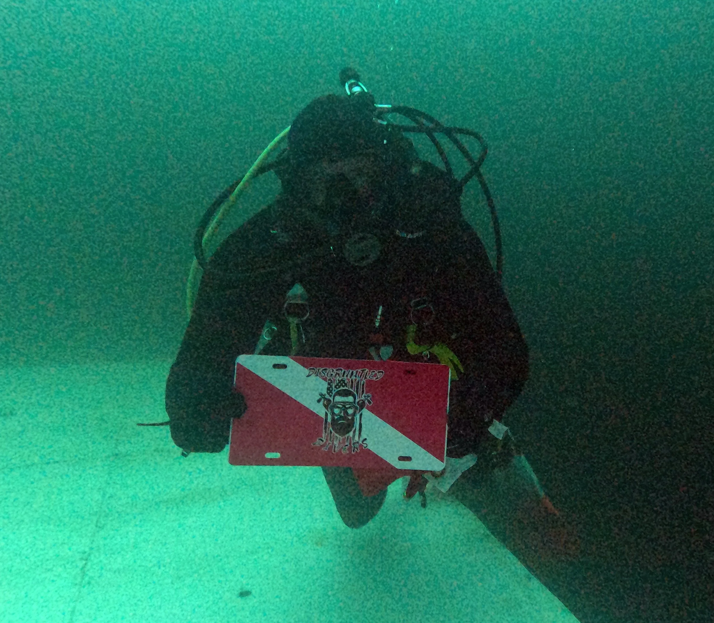 Scuba diver underwater holding a pink and white sign with a bearded man wearing glasses and a crown, and the text 'Discontinued Toys'.