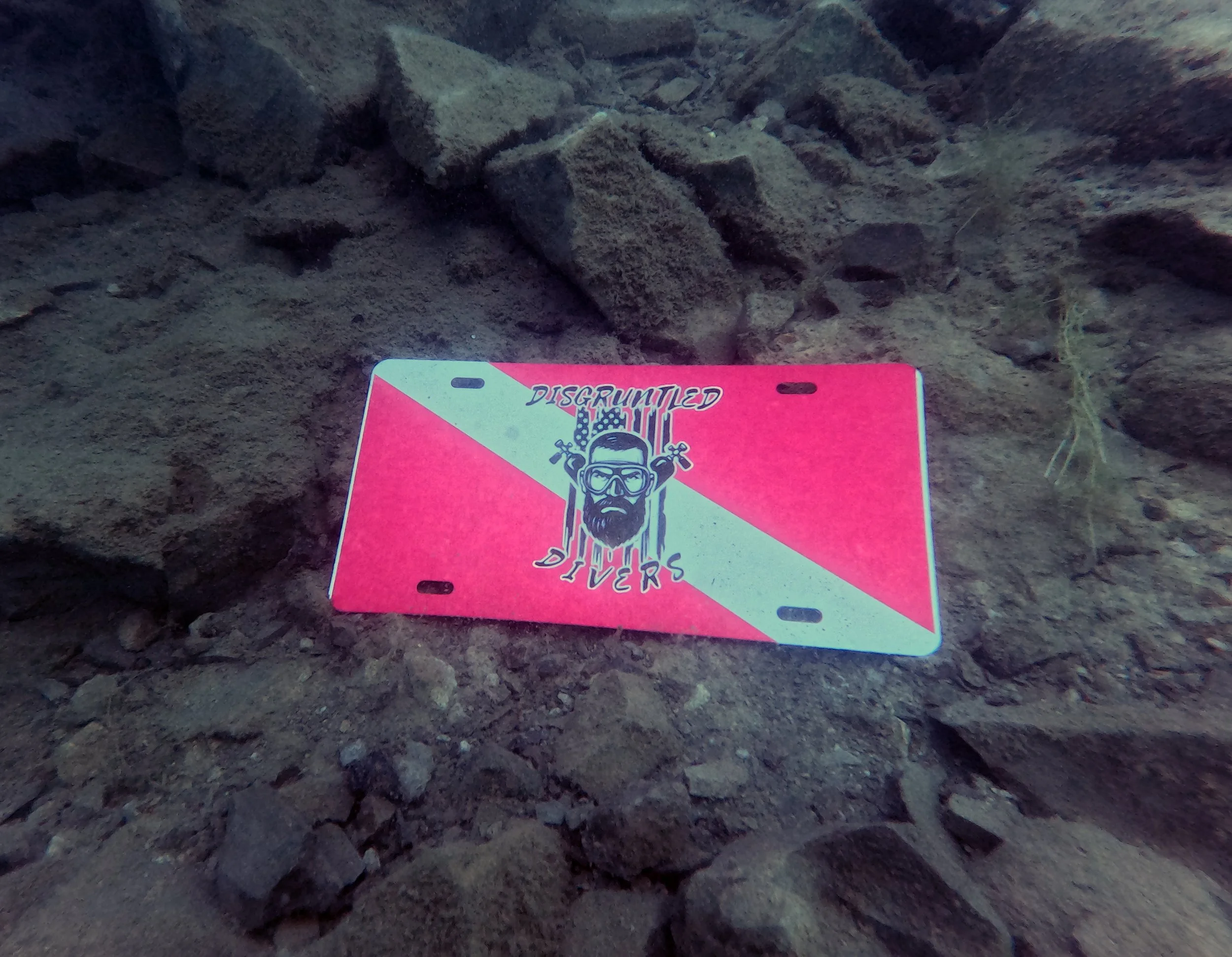A reflective sign on rocky dirt ground with the logo of Disgruntled Divers, featuring a bearded man with glasses and a scuba mask, surrounded by crossed scuba fins.
