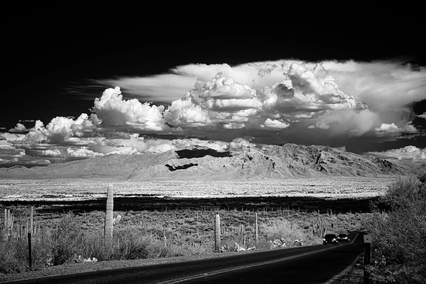 Getting to be that time of year again. Infrared shot of the  Catalinas from last year&rsquo;s monsoon season. Look at that wonderfully pitch black sky! #ridersonthestorm 
.
.
.
#tucson #monsoon #clouds #mountians #arizona #infraredphotography #landsc
