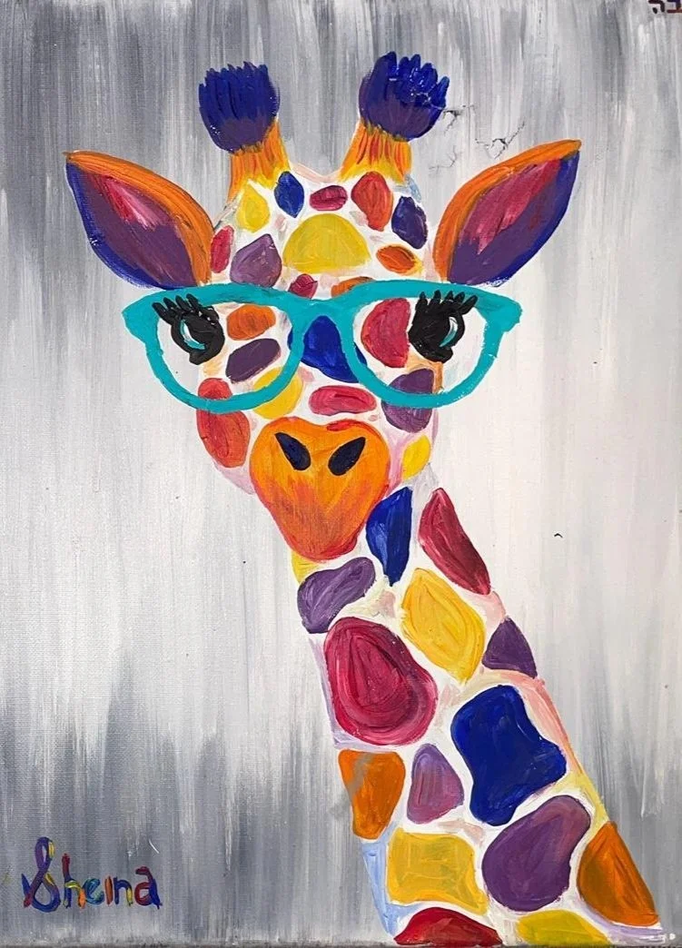 Colorful painting of a giraffe wearing blue glasses with large eyelashes, set against a gray background.