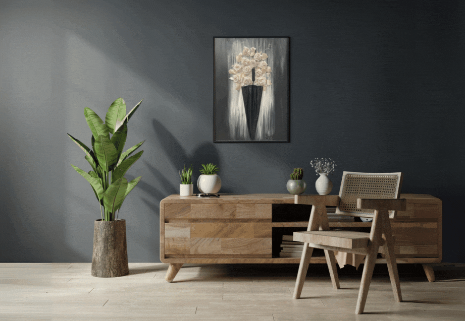 Modern living room with a dark gray wall, wooden sideboard, potted plants, and a framed floral artwork.