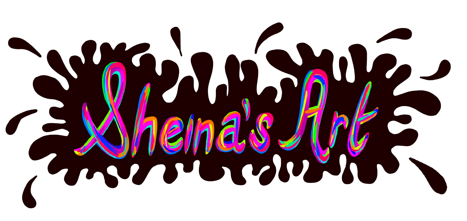 Colorful neon-style text that reads "Shena's Art" with a black splash background.