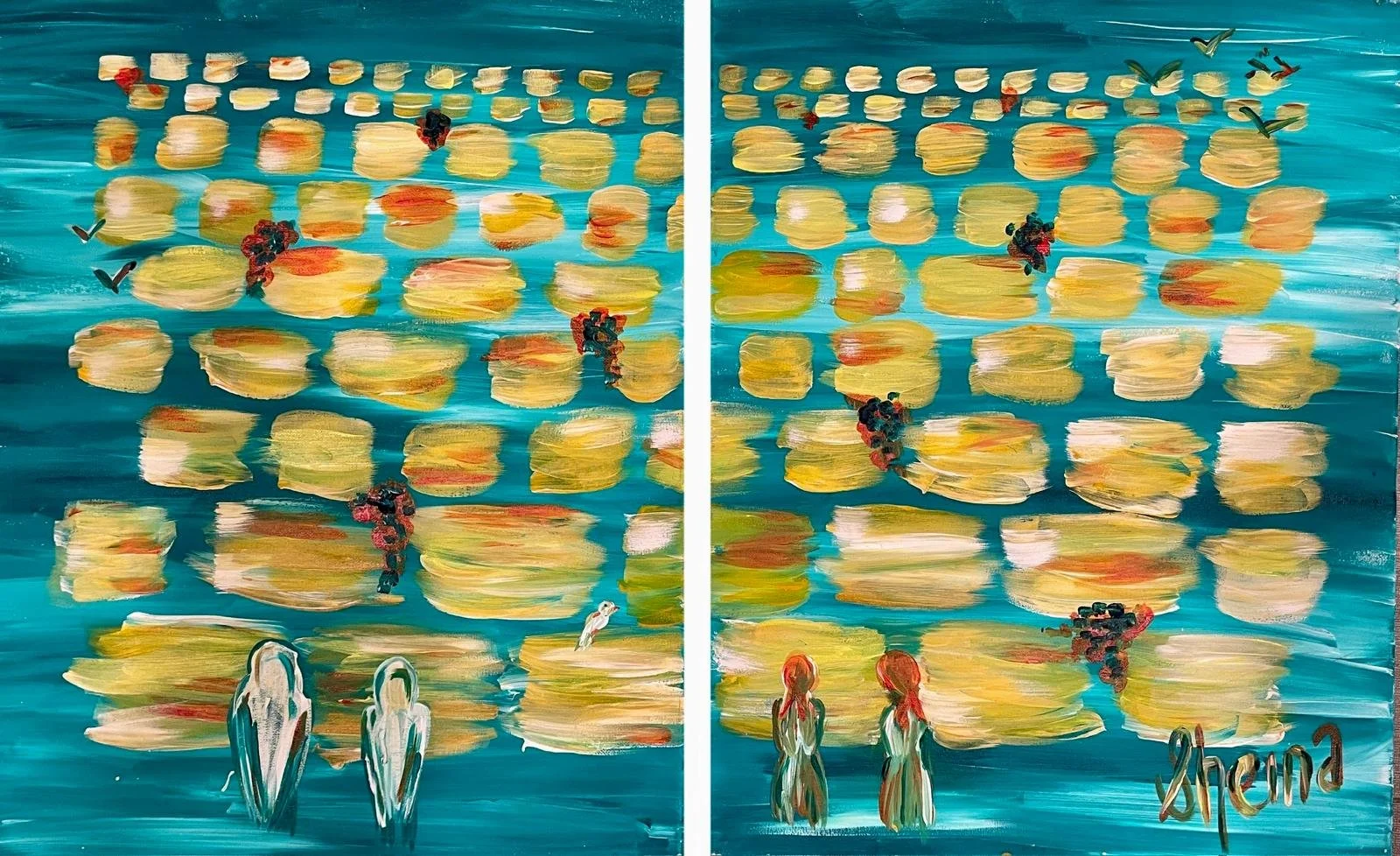 Side-by-side water reflections of a person and two girls on a blue surface with yellow shapes, red flowers, and birds flying.