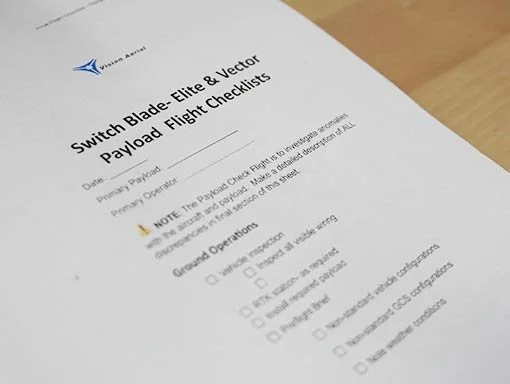 Picture of a flight checklist for a SwitchBlade-Elite and Vector drone