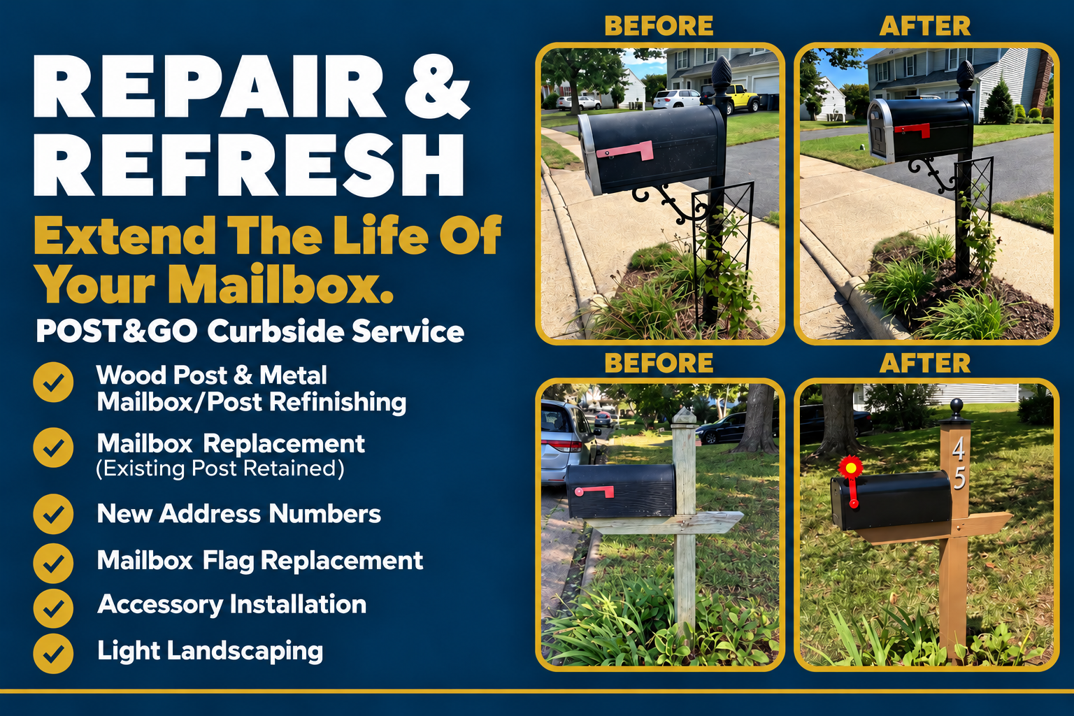Side-by-side comparison of mailbox repairs: the before and after images show the mailbox on a lawn with a new paint job, freshly painted flag, new address numbers, decorative accessory, and enhanced landscaping.