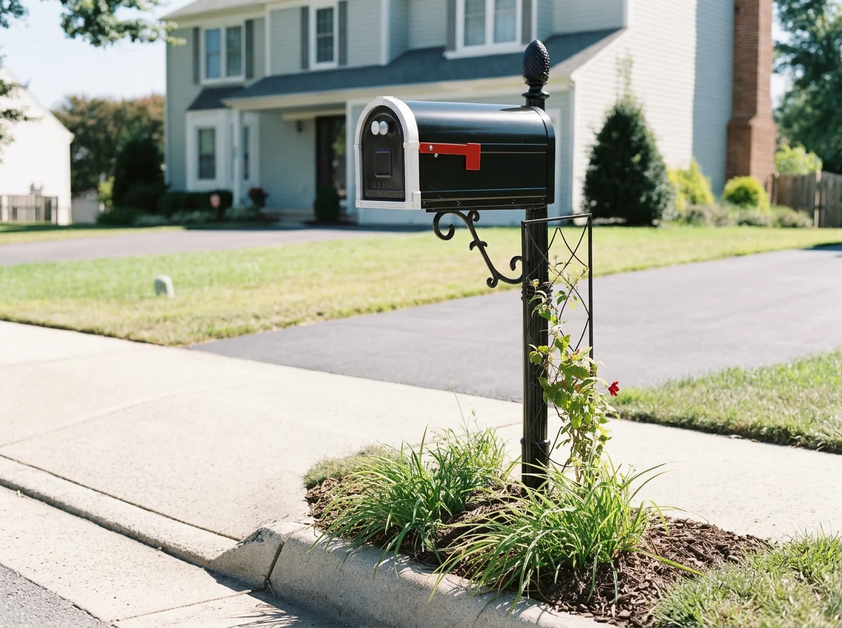 Black mailbox with red flag on a metal post next to a sidewalk, surrounded by grass and plants, in front of a house with a yard.