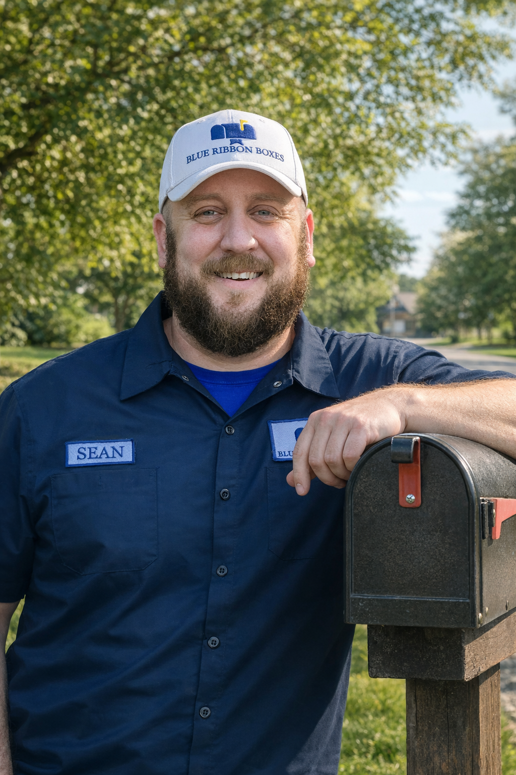 A man with a beard and mustache smiling outdoors, wearing a blue uniform shirt with name tag 'SEAN', baseball cap with logo, leaning on a mailbox on a suburban street with green trees and blue sky.