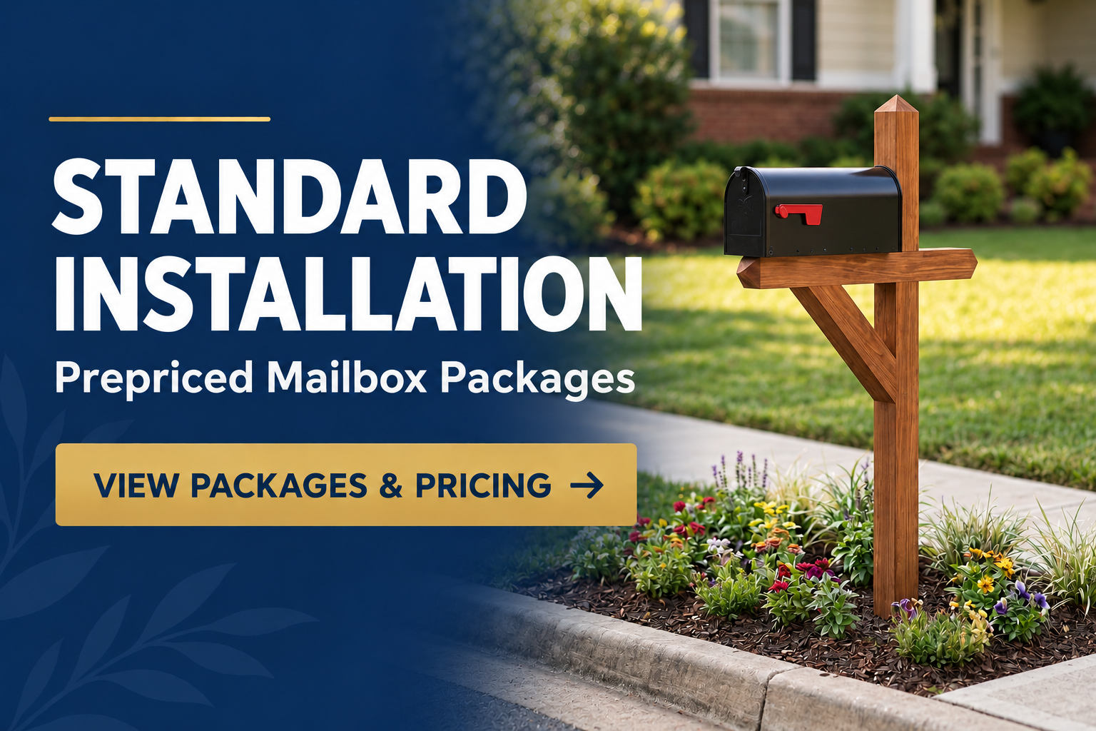 A black mailbox with a red flag mounted on a wooden post in a landscaped yard with flowers and a house in the background, alongside text promoting standard mailbox package installation.