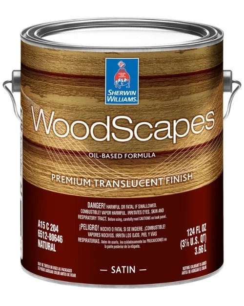 A can of Sherwin Williams WoodScapes oil-based wood stain in satin finish.