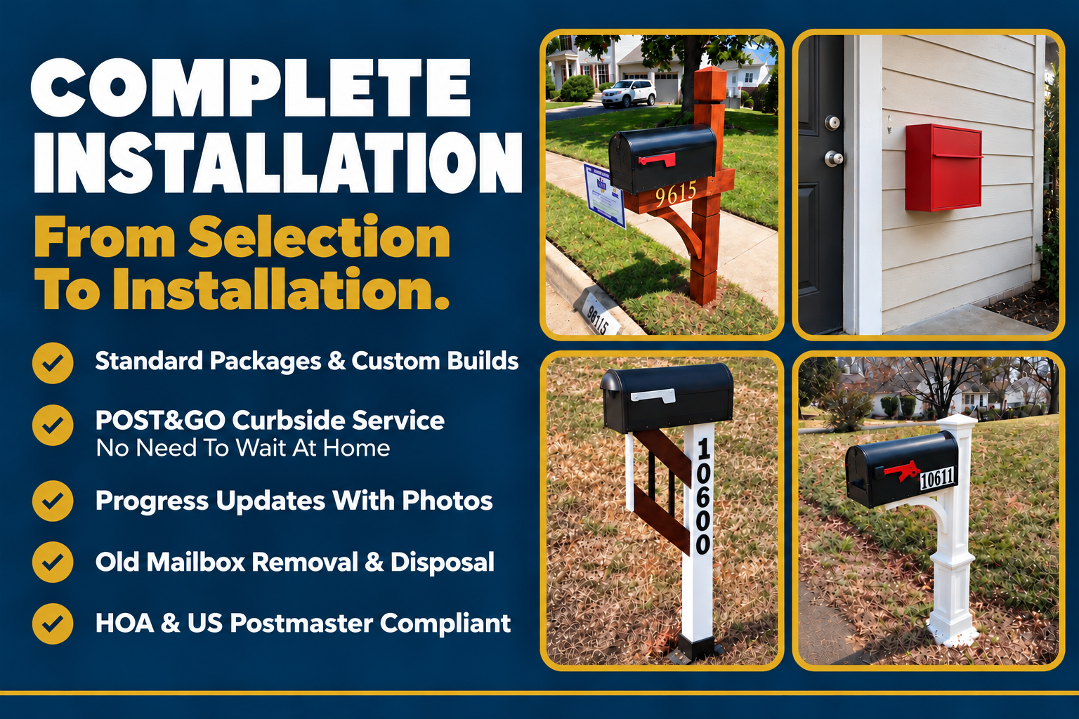 An advertisement for complete mailbox installation services showing four different styles of mailboxes and a list of service features such as packages, curbside service, progress updates, mailbox removal, and compliance with HOA and USPS standards.