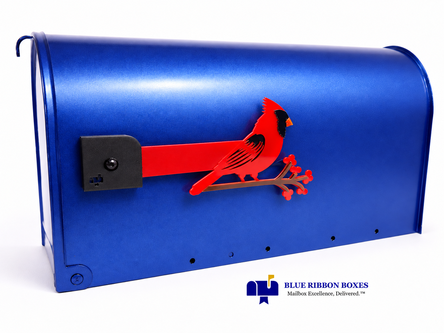 Blue mailbox with a red cardinal bird mailbox flag attached to its side, featuring the Blue Ribbon Boxes logo and slogan.