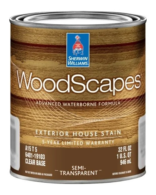 A can of Sherwin Williams WoodScapes exterior house stain in semi-transparent finish.