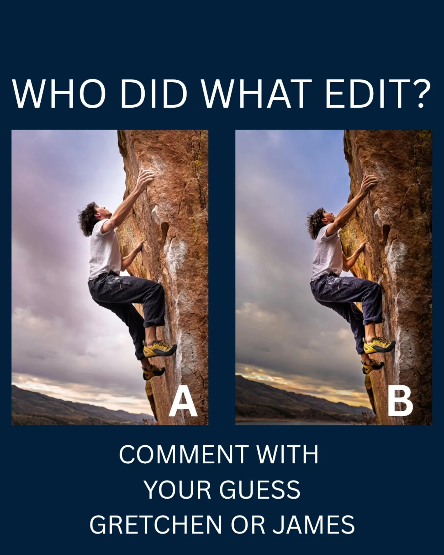 It's not a battle... but it is a  fun can you guess who did the editing? Gretchen took the photos, and the both of us did an edit. They are different photos slightly by milliseconds but very close. 

Can you guess who did what edits?

#rockclimbing
#