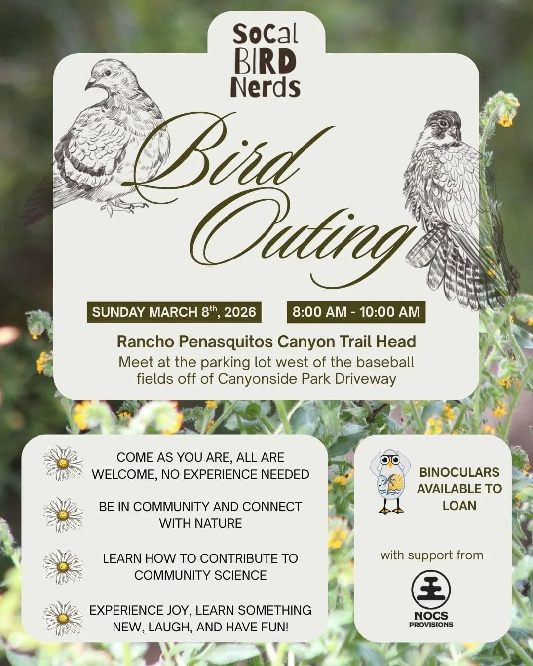 🐦 🌞 Join us for a joyful morning of birding at Los Pe&ntilde;asquitos Canyon Loop Trail. Come as you are! We are open to all experience levels.

WHEN: Sunday, March 8th, 8:00 AM - 10:00 AM

WHERE: We will be making our way towards the Ranch house t