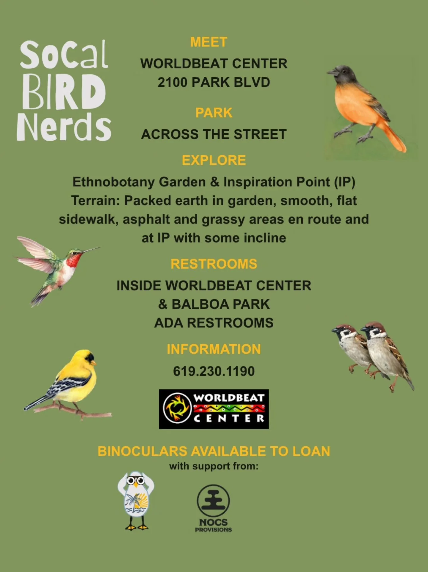 🪶We hope you'll come celebrate EARTH MONTH with us and the birds

this SUNDAY April 12th 
8a to 10a

MEET AT WBC (see map &amp; link in bio)

SCBN x WBC 
This month, we return to the iconic @worldbeatcenter for our bi-monthly bird outing in Balboa P