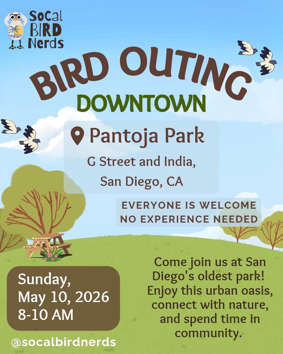 🦜🐤🪶☀️ Our May outing is happening this Sunday, May 10th, 8&ndash;10 AM at Pantoja Park &mdash; an urban oasis in the heart of downtown with huge Moreton Bay fig trees and plenty of places to slow down and look for birds.

We&rsquo;ll meet by the B
