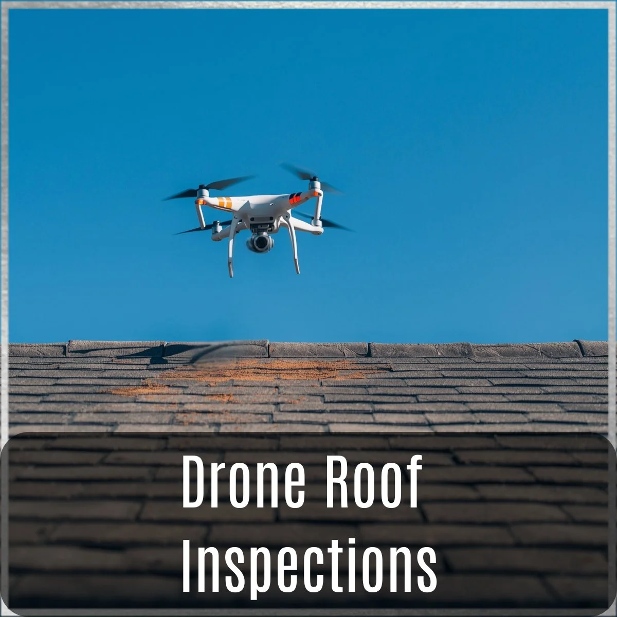 A drone flying above a residential roof during daytime, with the text 'Drone Roof Inspections' overlaid.