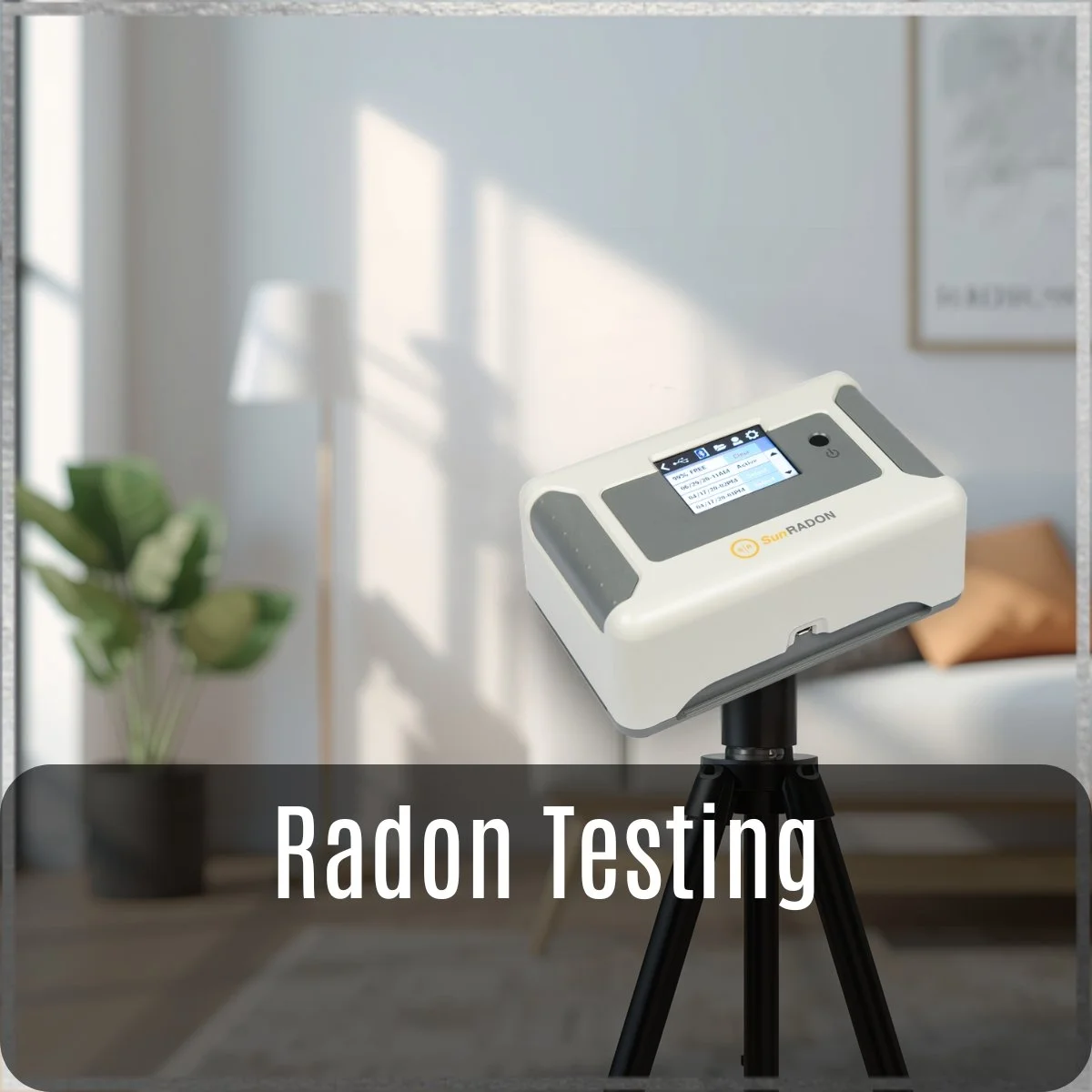 Radon testing device on tripod in a living room with a potted plant, window, and framed art in the background.