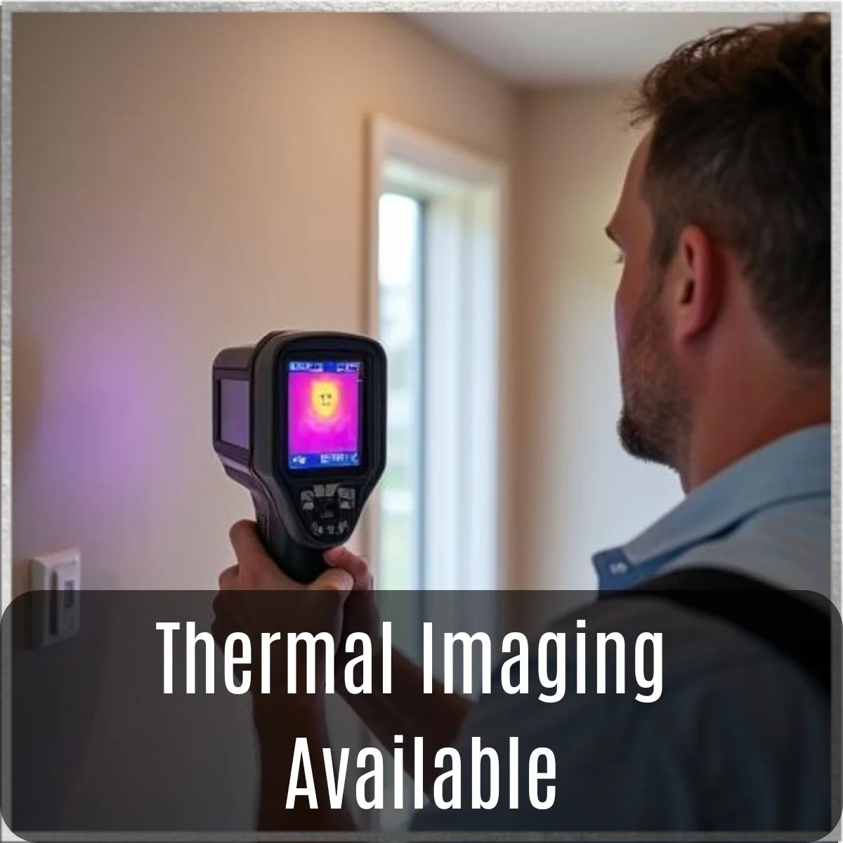 A person using a thermal imaging camera to scan a wall in a room with a window, with the display showing a smiling face icon.