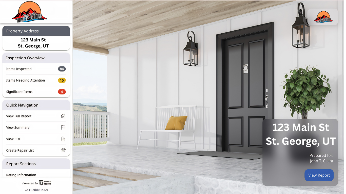 Front porch of a house with black door, white walls, two black outdoor lantern lights, a white bench with a yellow cushion, a potted plant, and a partial view of distant landscape.