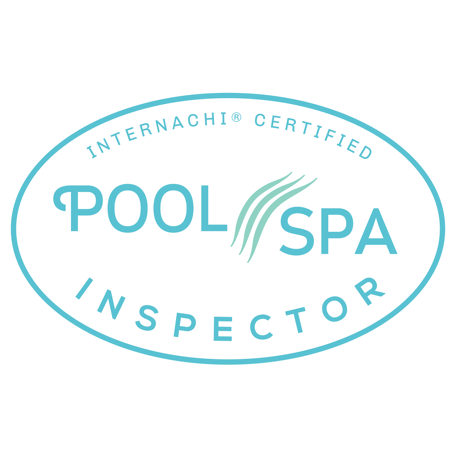 Close-up of a certification badge for a pool spa inspector, featuring a circular design with blue text that reads 'Internationally Certified Pool Spa Inspector'.