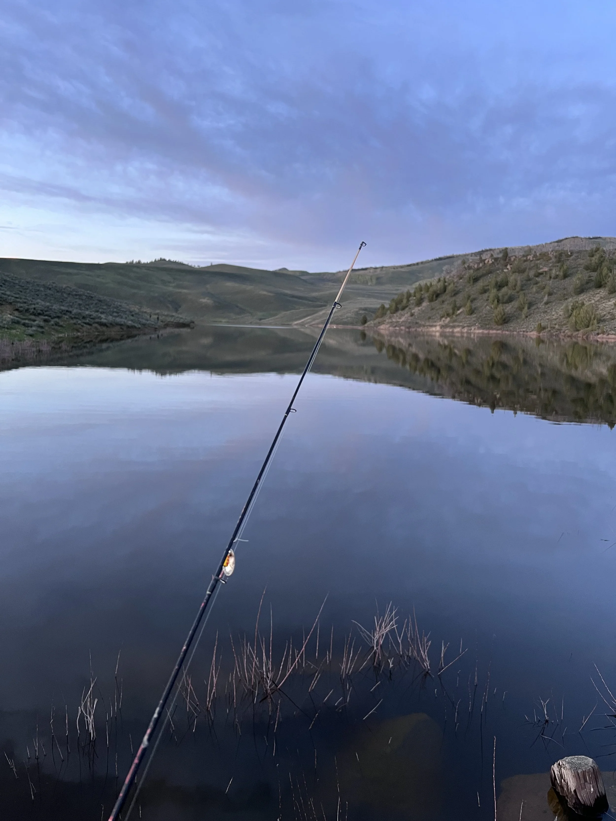 Fishing pole resting on the bank of a tranquil lake with mountains and a blue sky in the background.