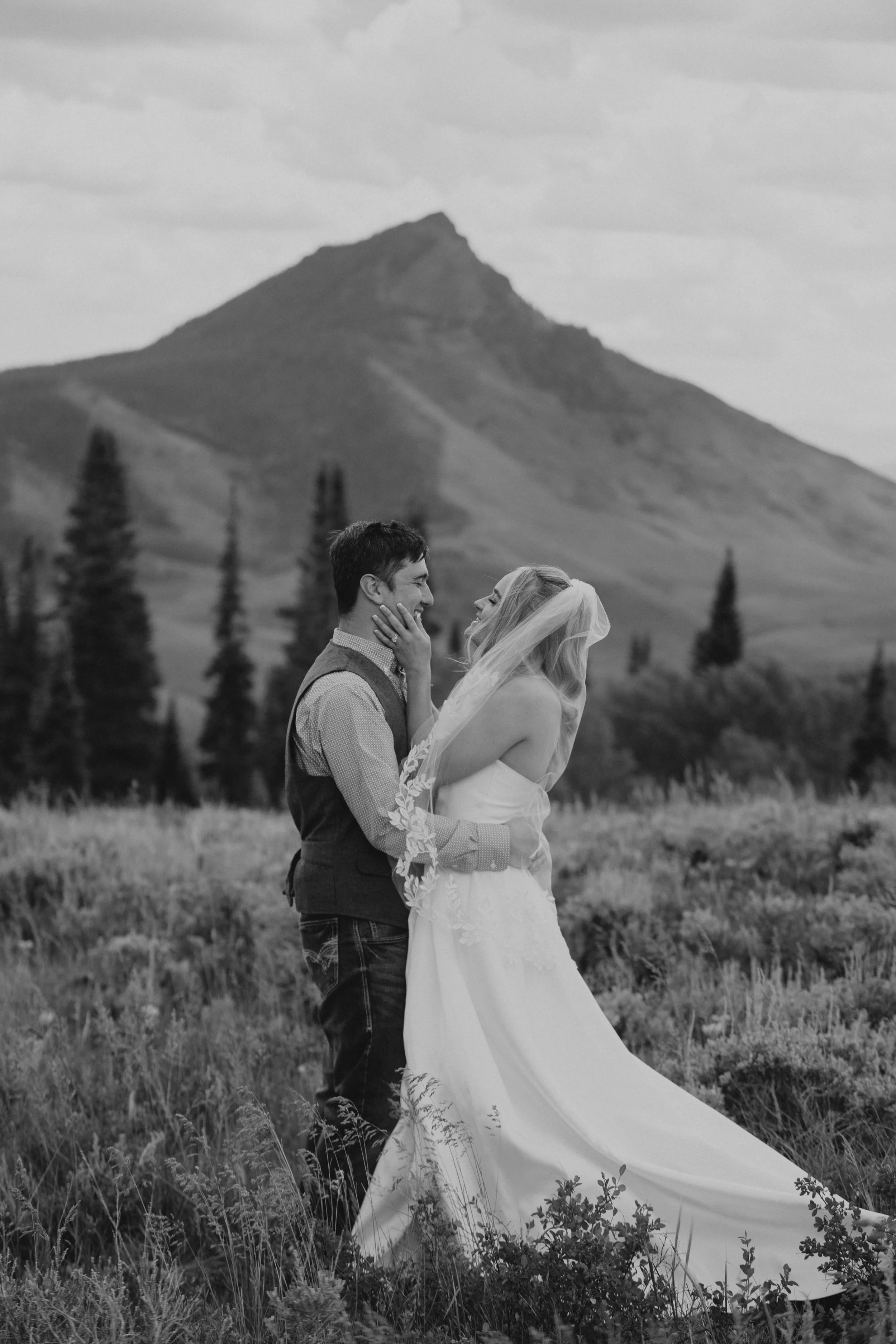 A couple in wedding attire standing in a field with a mountain in the background, black and white photograph.